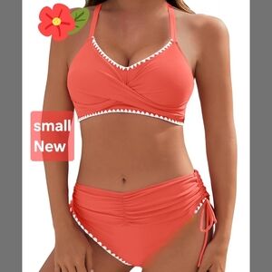 New Small Women's Coral Pink Swimsuit Bikini Set Tie Back